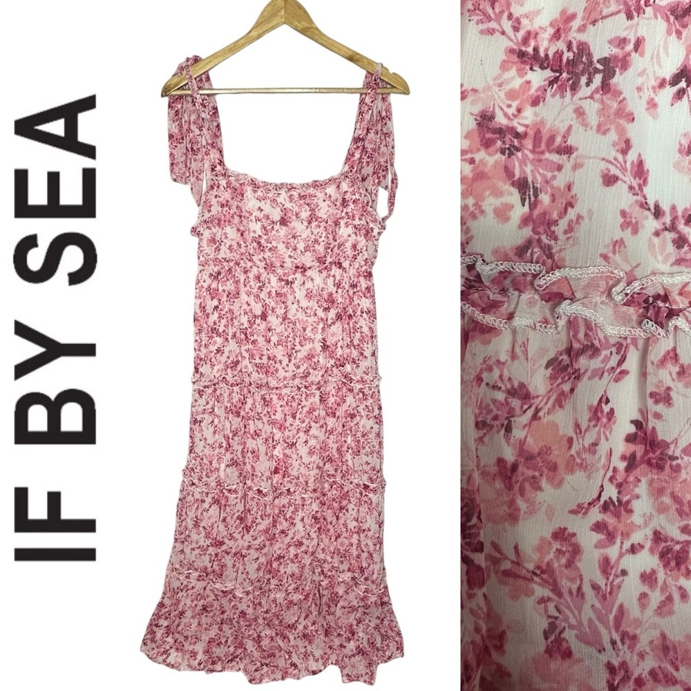 If By Sea Pink Floral Shoulder Tie Maxi Maxi Dress m